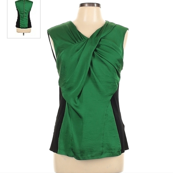 NWOT Vince Camuto Sleeveless Top Green Black Women's Large L Wrap Front Silky - Picture 1 of 5